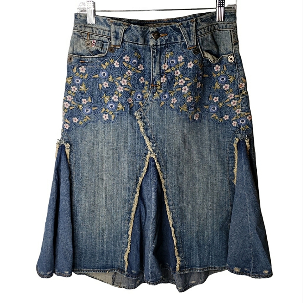 Candies Vtg Skirt Coastal Cowgirl 70s Deconstructed Distressed Embroidered Boho